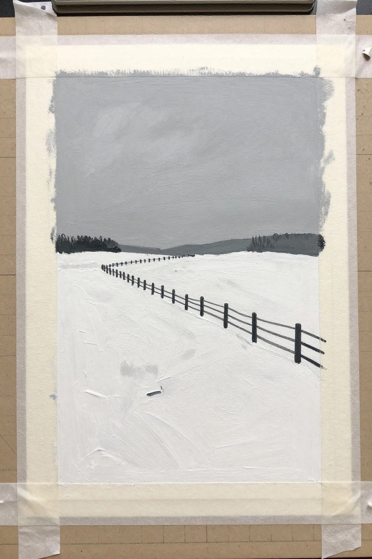 Winter landscape painting of snowy field with receding dark fence under gray sky.