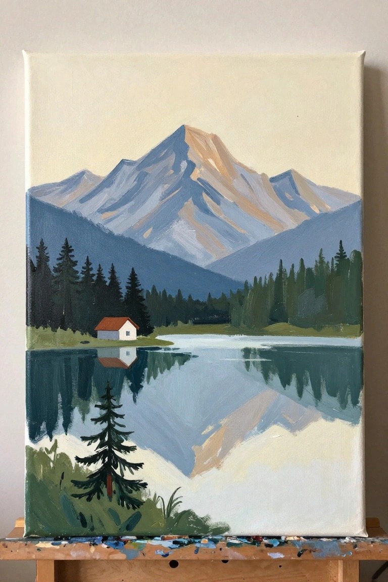 Mountain landscape painting with lake reflections, red-roofed house, and pine trees.