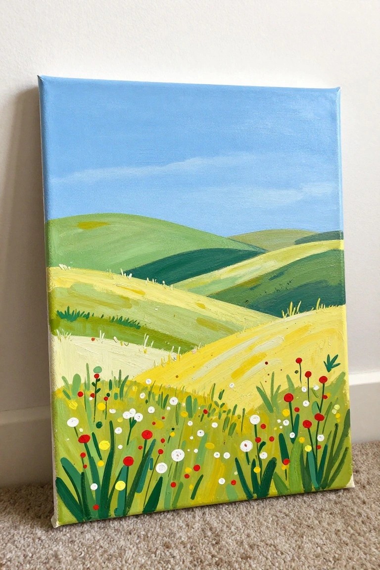 Colorful painting of rolling green-yellow hills and wildflowers leaning on wall above carpet