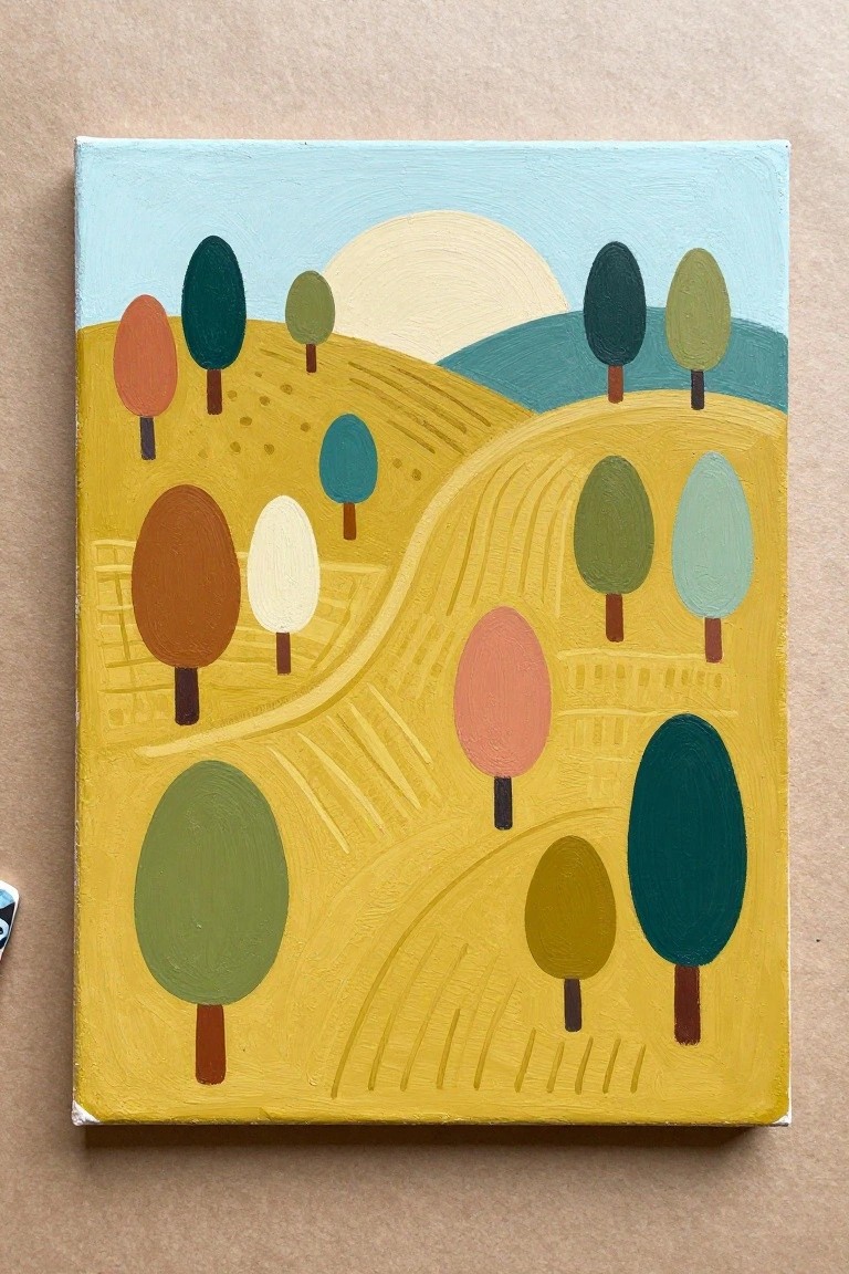 Abstract painting of rolling yellow hills dotted with colorful stylized trees beneath a pale sun.
