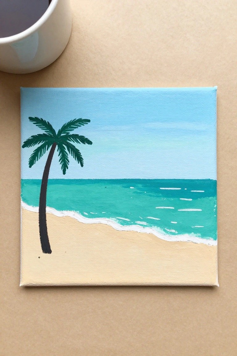 Square canvas painting of palm tree on beach with turquoise ocean and blue sky
