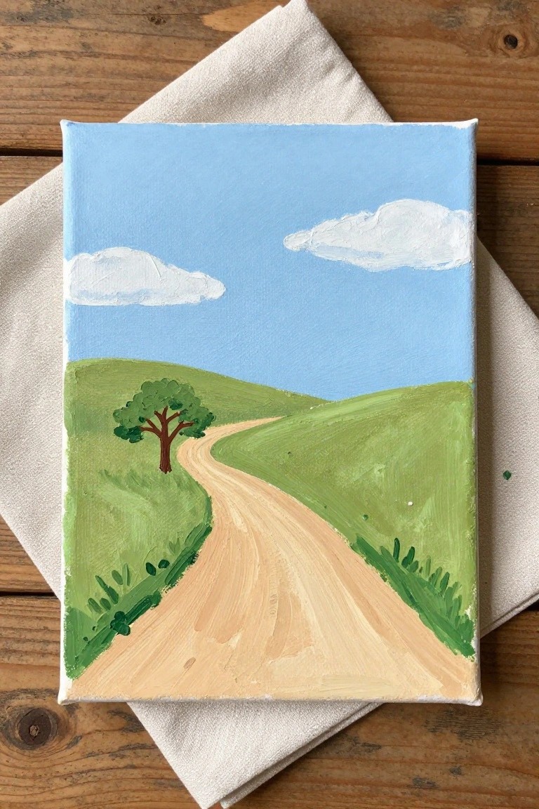 Winding dirt path through green hills with lone tree under blue sky with clouds on canvas.