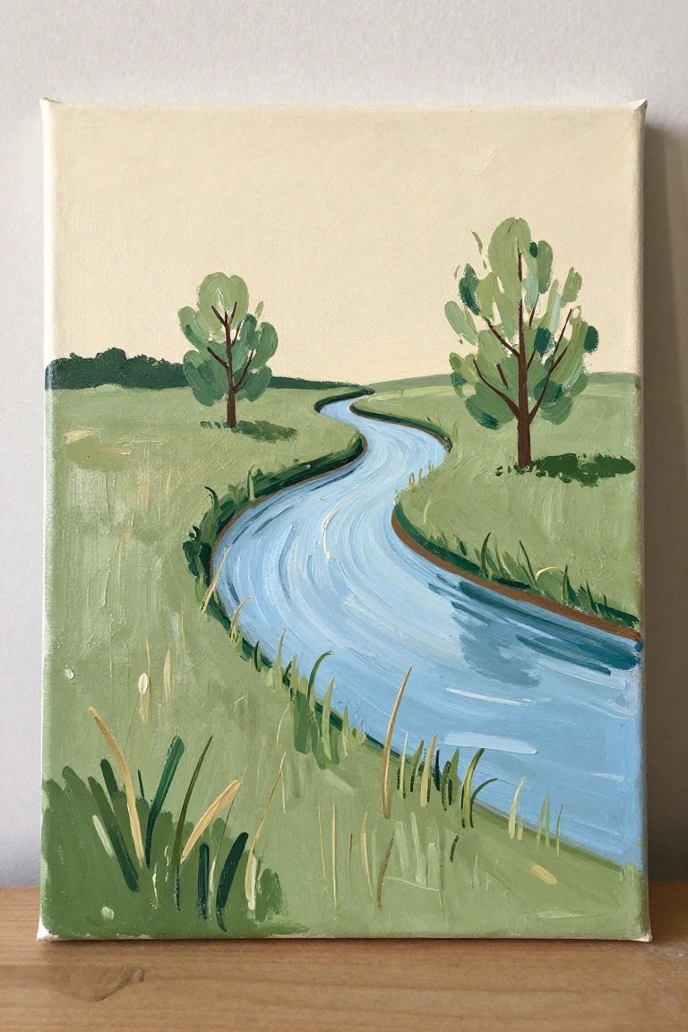 Winding blue river curves through green fields with scattered trees on canvas.