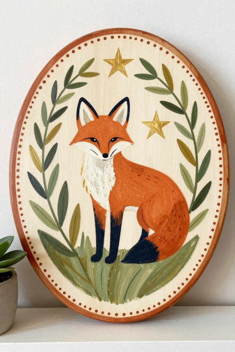 Oval wooden plaque with orange fox, green leaves, and gold stars in folk style