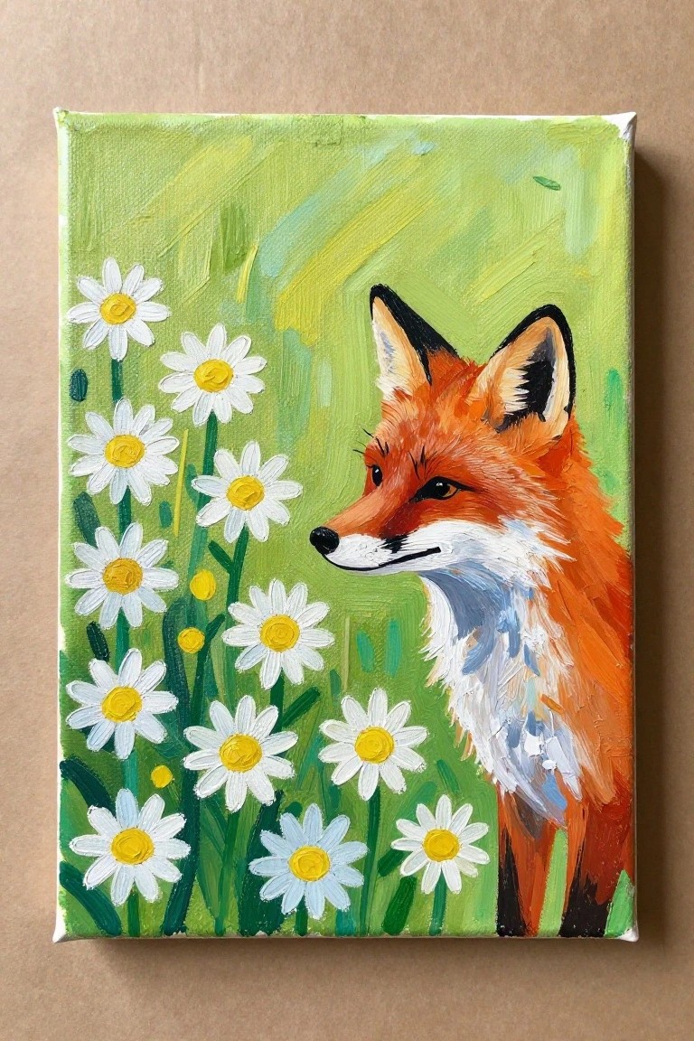 Orange fox in profile amid white daisies with yellow centers on green canvas