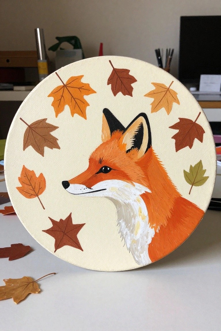 Circular painting of orange fox profile amid colorful autumn leaves on beige canvas.