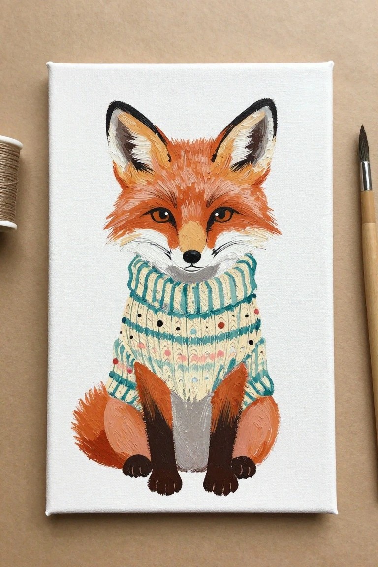Orange fox in patterned teal sweater painted on white canvas beside brush.