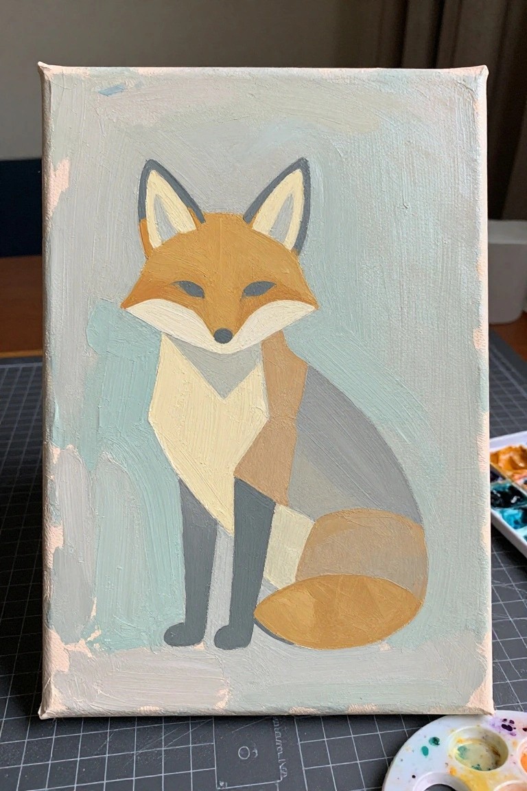 An acrylic painting of a stylized sitting fox made of flat geometric color blocks on a light blue-gray canvas.