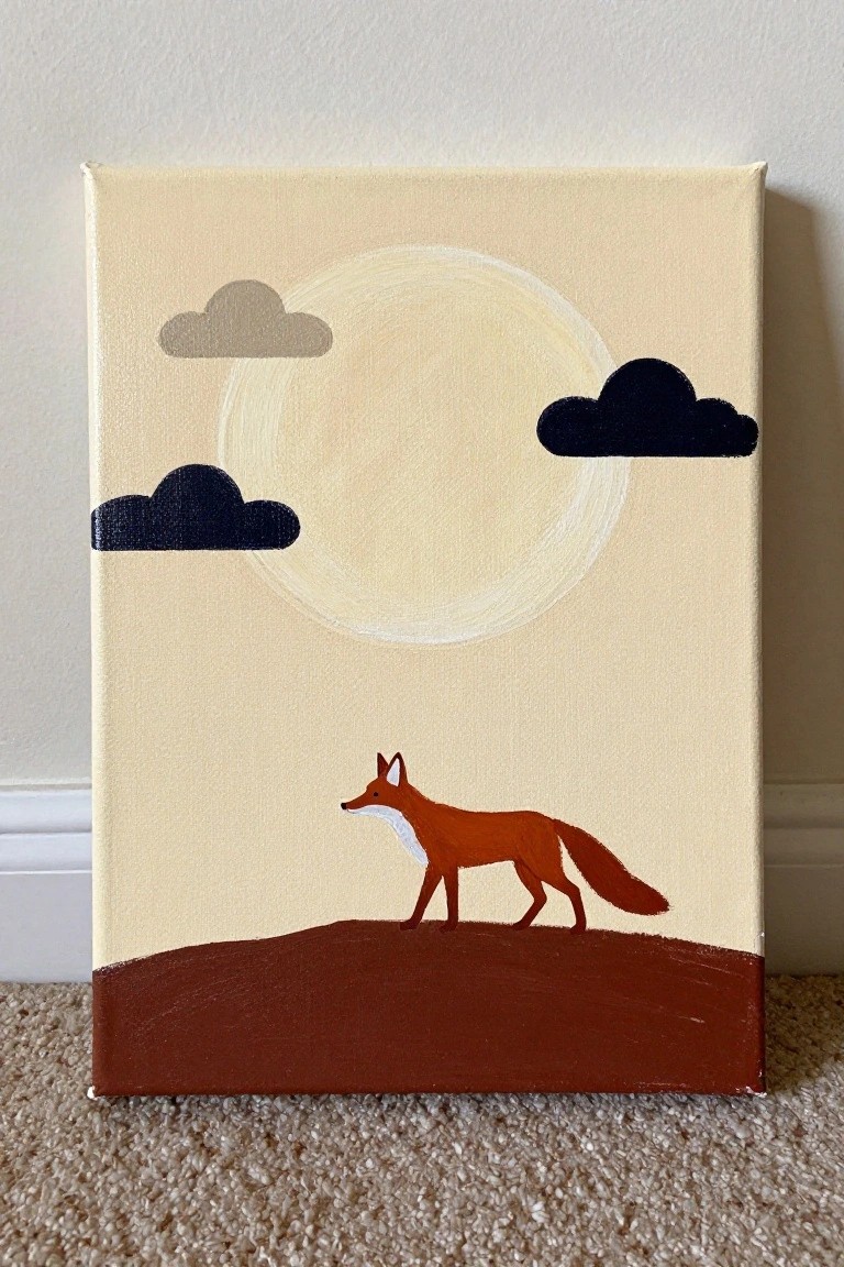 Minimalist painting of orange fox walking on brown hill under pale sun with clouds.