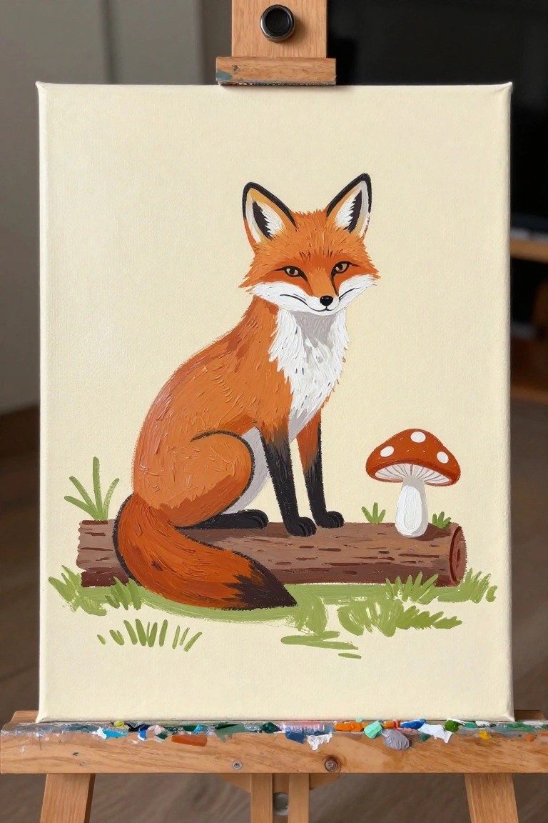 Orange fox sitting on log beside spotted mushroom on easel painting