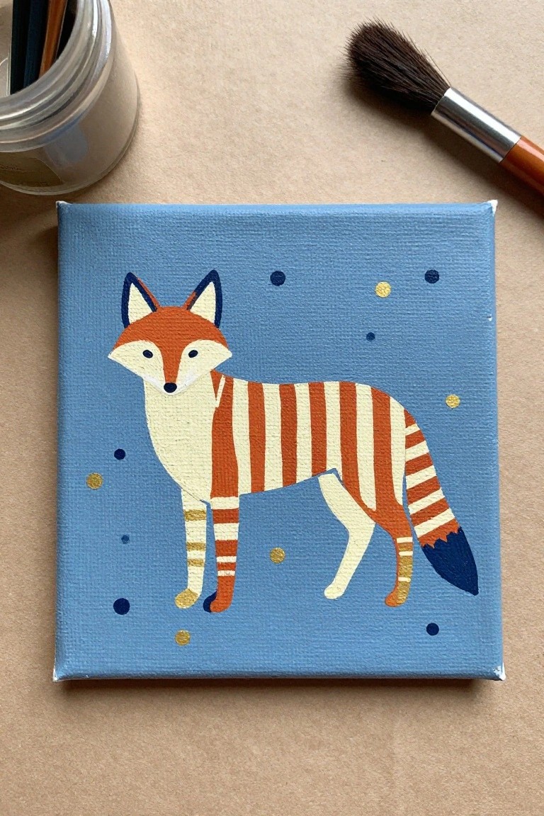 Striped orange fox painted on blue canvas beside paintbrush and jar