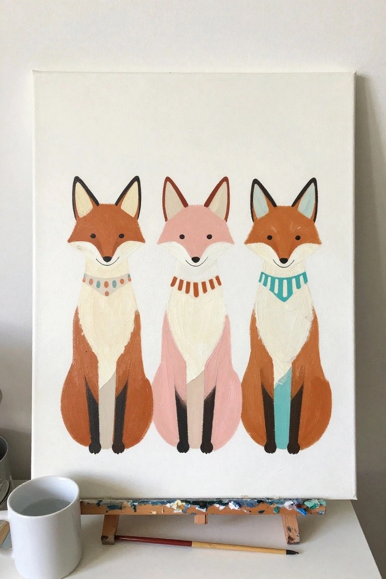 Three stylized foxes with patterned collars on white canvas beside mug and brush