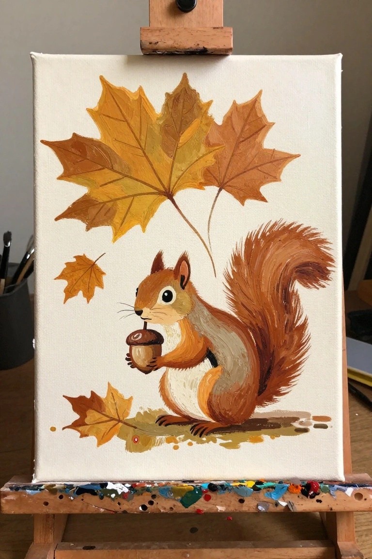 Squirrel with bushy tail clutching acorn amid large orange maple leaves on canvas.