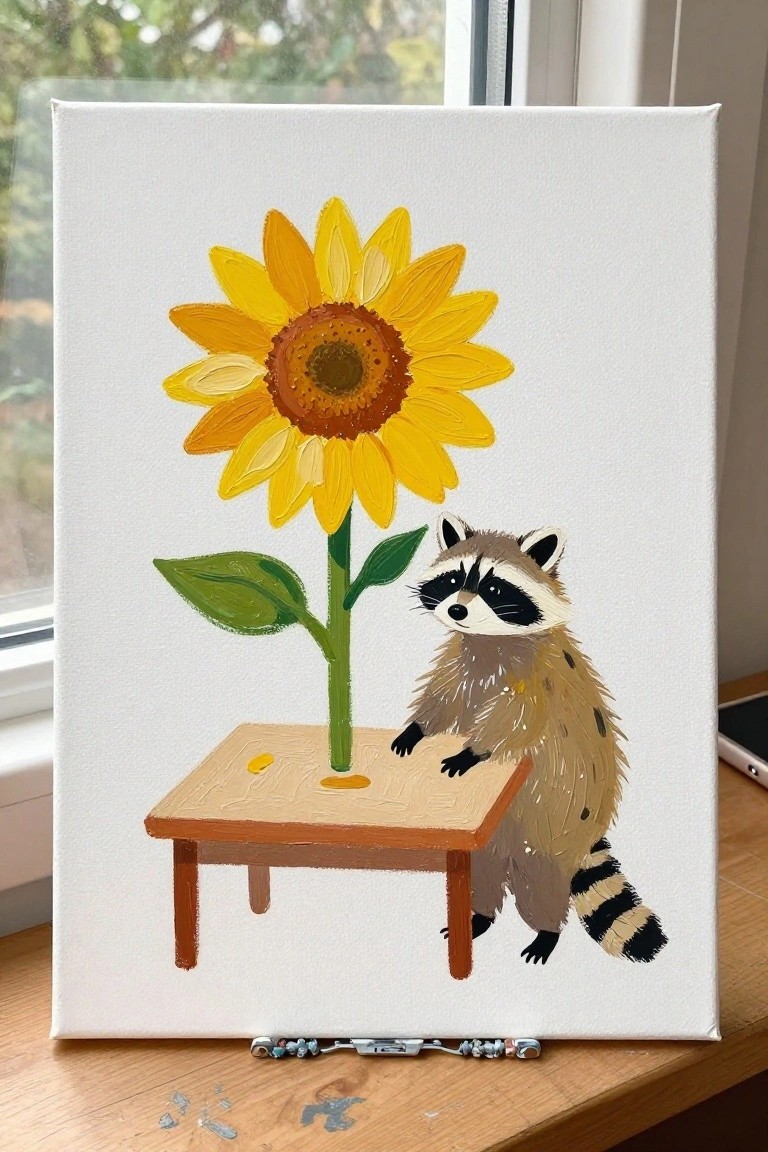 Yellow sunflower growing from wooden table beside a standing raccoon painting