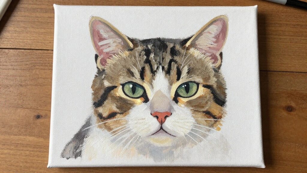 Detailed painting of tabby cat with green eyes on white canvas resting on wood