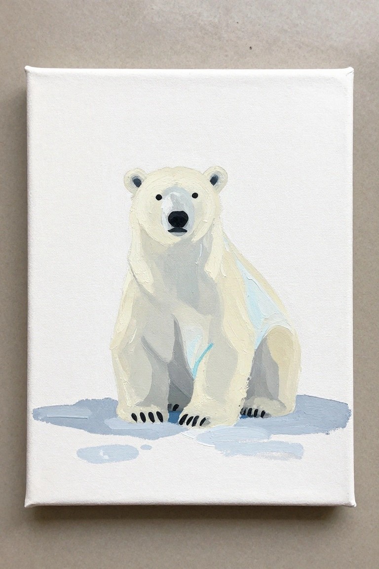 White polar bear sitting on snow, painted with soft brushstrokes and blue shadows.