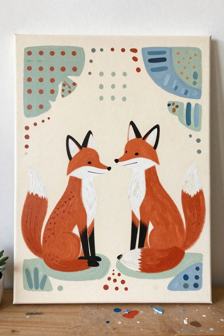 Two foxes face each other on beige canvas with teal blue abstract patterns