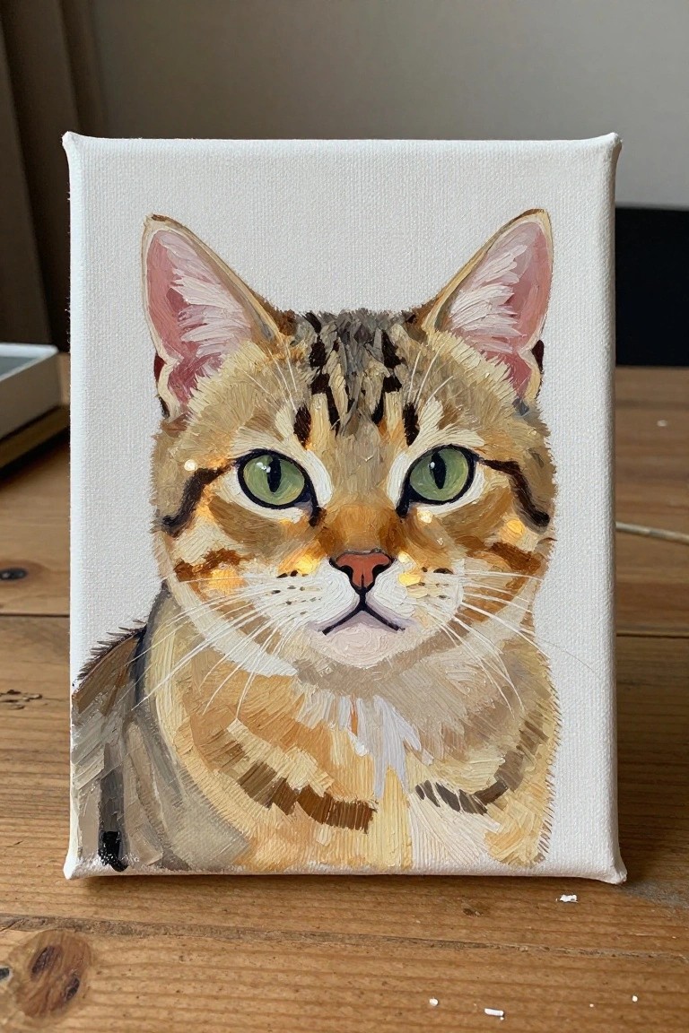 Detailed painting of tabby cat with green eyes on white canvas resting on wood