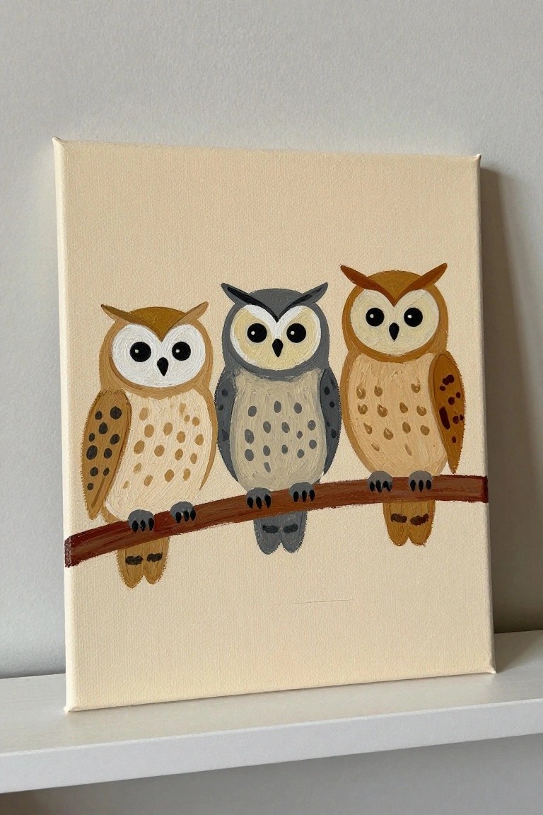 Three painted owls in brown, gray, and orange perched on a branch
