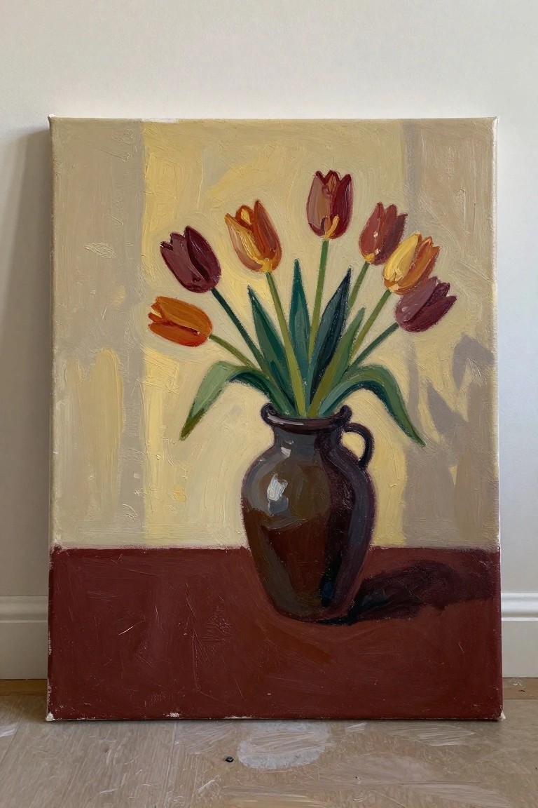 Oil painting of colorful tulips in a brown vase on a red surface.
