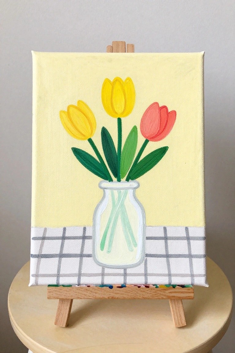Canvas on easel with painting of yellow and pink tulips in glass vase on checkered cloth