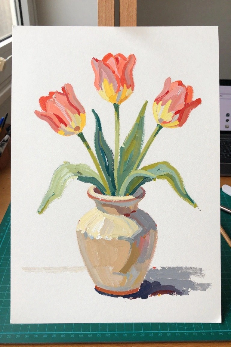 Acrylic painting of three coral and yellow tulips in a beige vase on white paper.