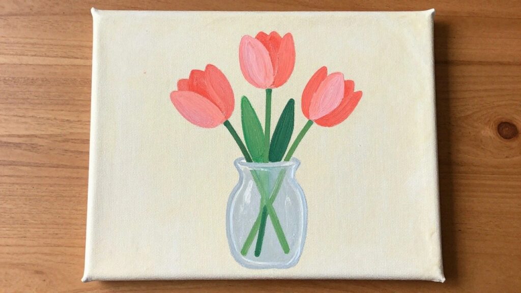 Painting of pink tulips in beige vase on pink surface with wooden table below