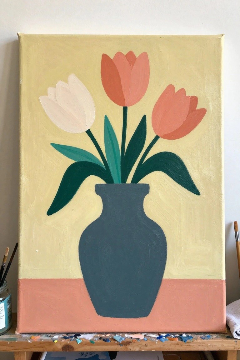 Stylized painting of three tulips in a dark vase against yellow background