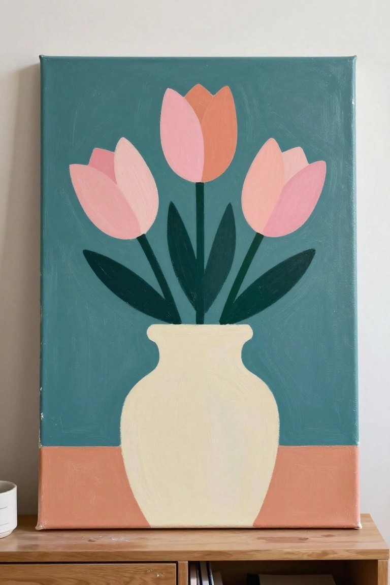 An acrylic painting of pink and orange tulips in a cream vase on a teal background with a peach horizontal stripe at the bottom.