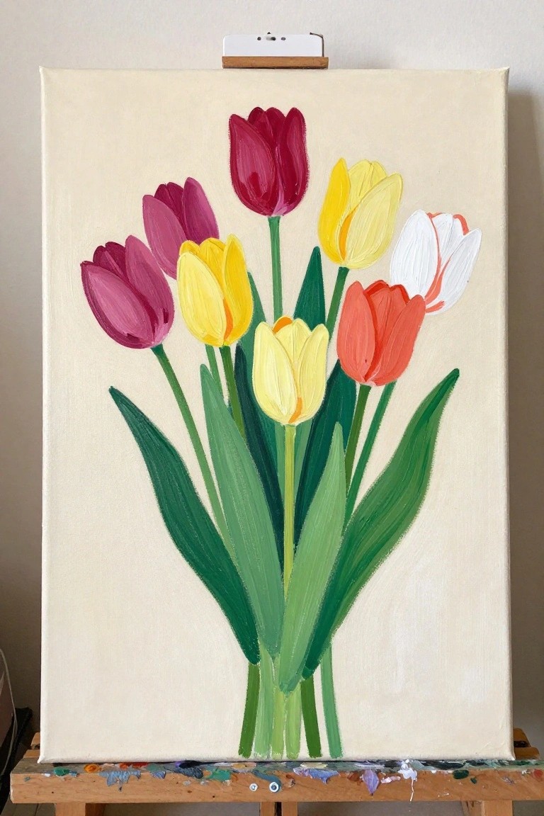 Colorful tulips in purple, yellow, red, and white painted on canvas easel.