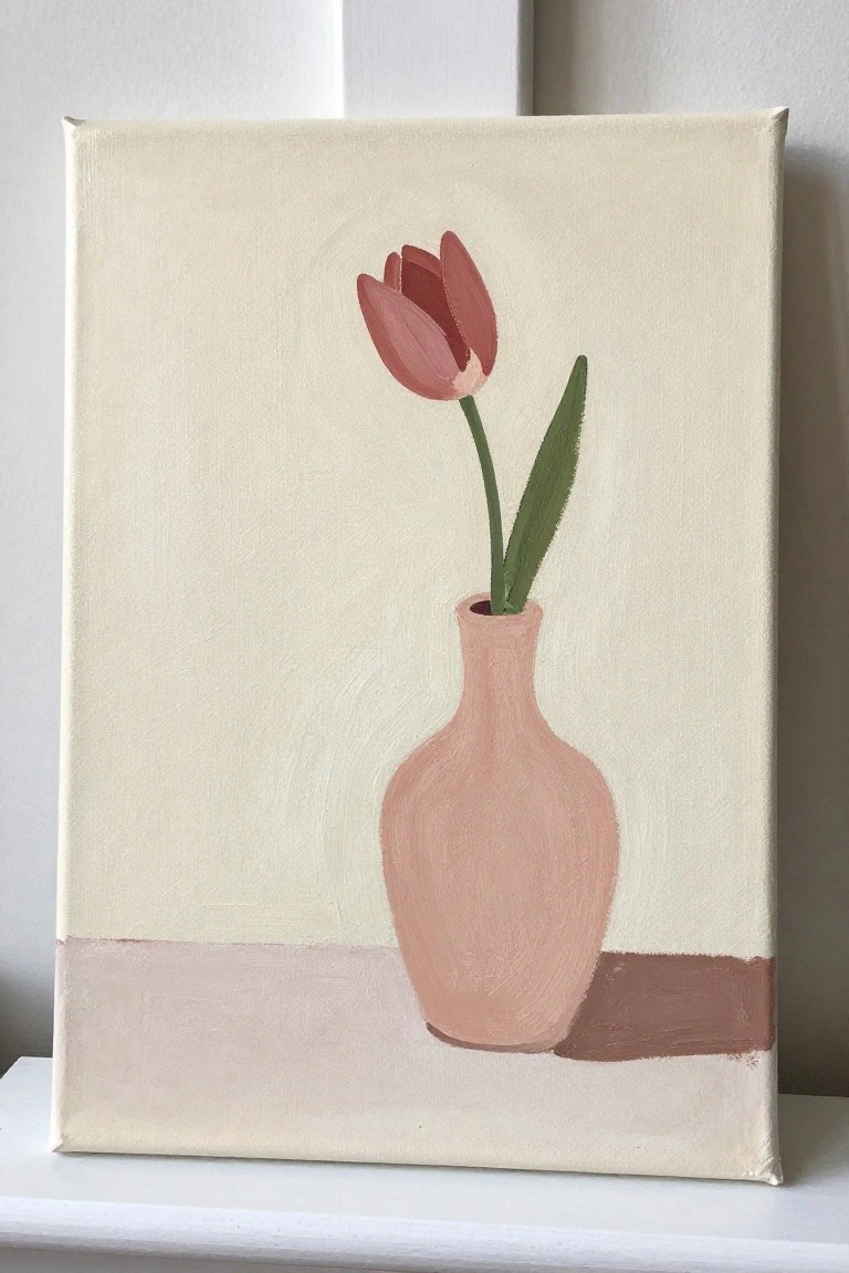 Minimalist painting of pink tulip in peach vase on beige surface with brown shadow.