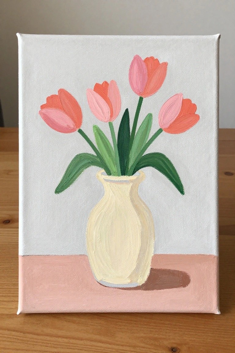 Painting of pink tulips in beige vase on pink surface with wooden table below