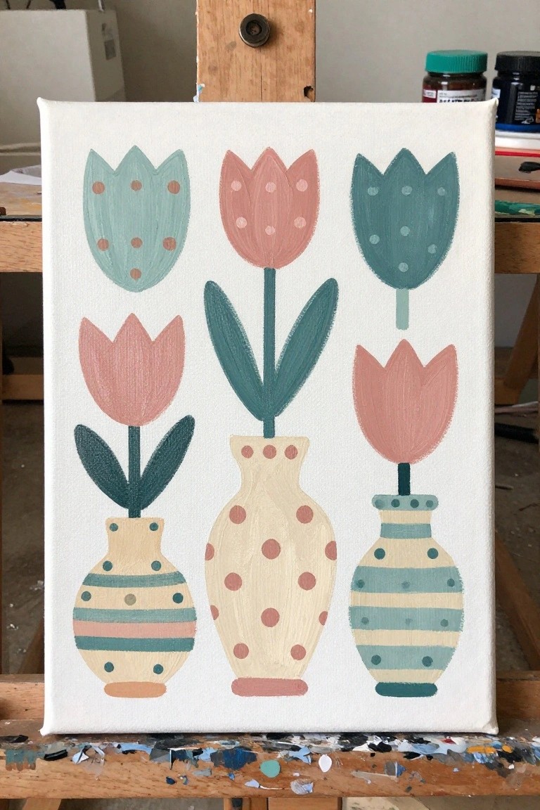 Pastel folk-art tulips in patterned vases on a white canvas easel