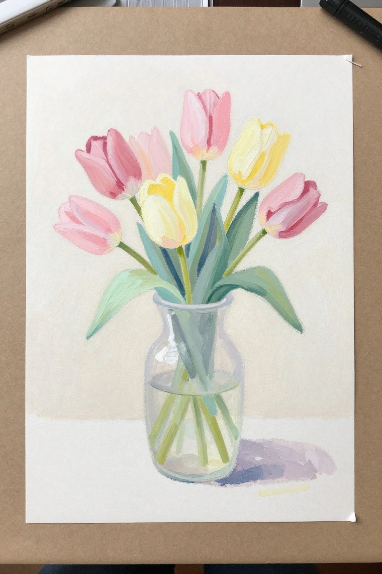 Pink and yellow tulips in a glass vase with water on white surface