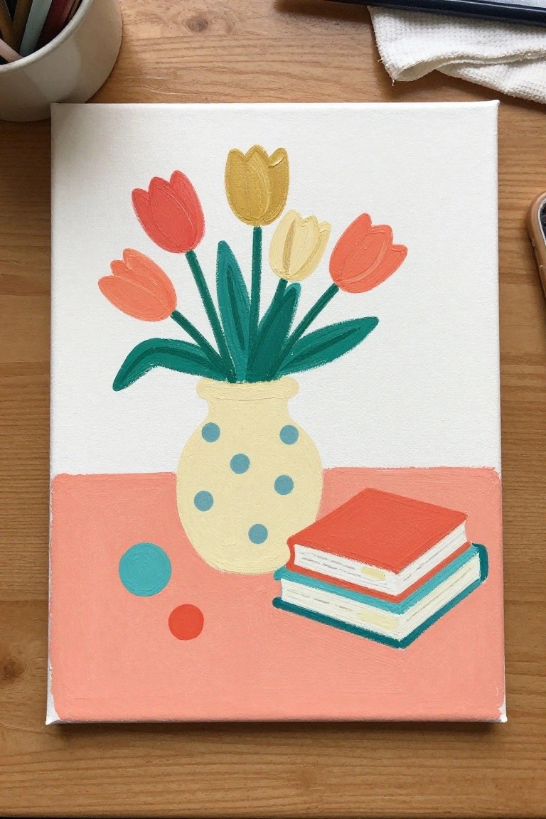 Colorful painting of tulips in polka-dot vase beside books on pink table