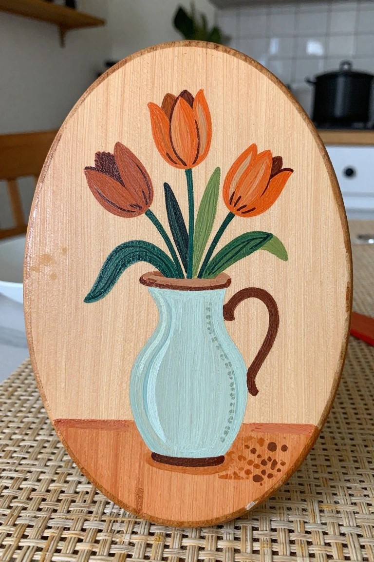 Oval wooden plaque with three orange tulips in light blue pitcher.