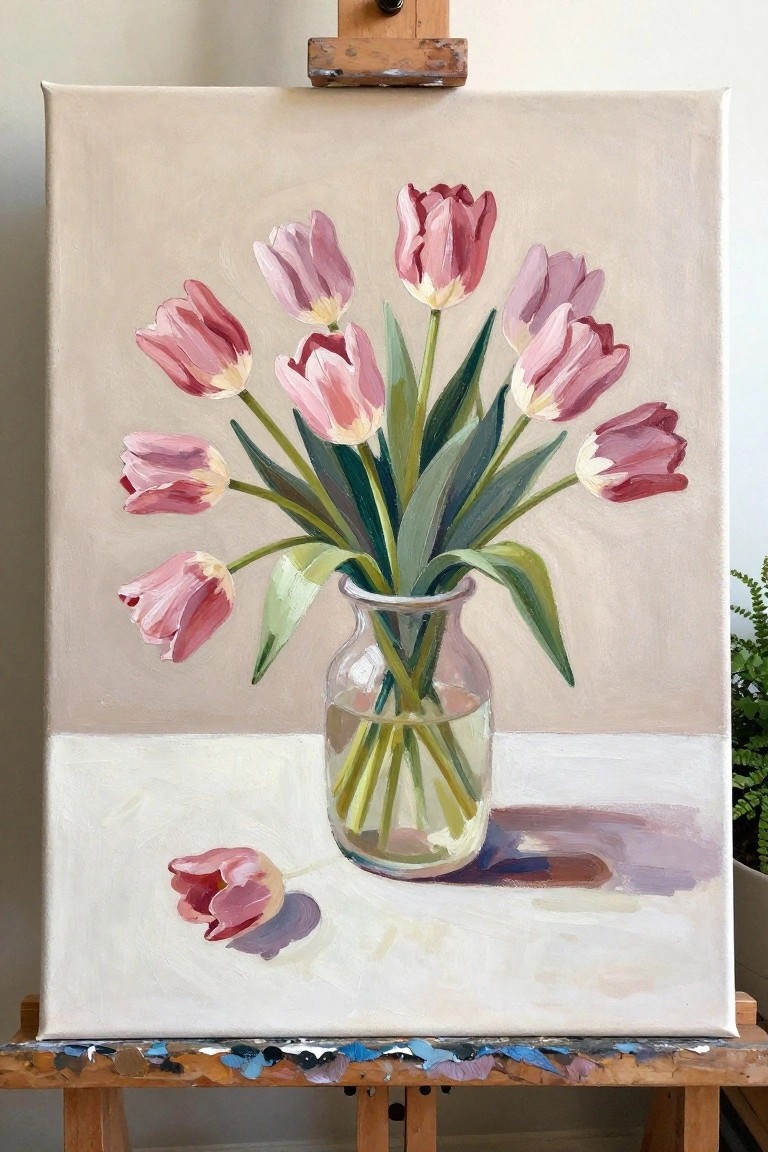 Painting of pink tulips in glass vase on easel with one fallen bloom