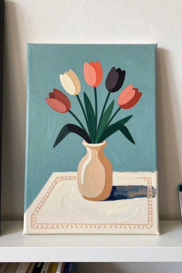 Modern painting of colorful tulips in beige vase on white surface with teal background.