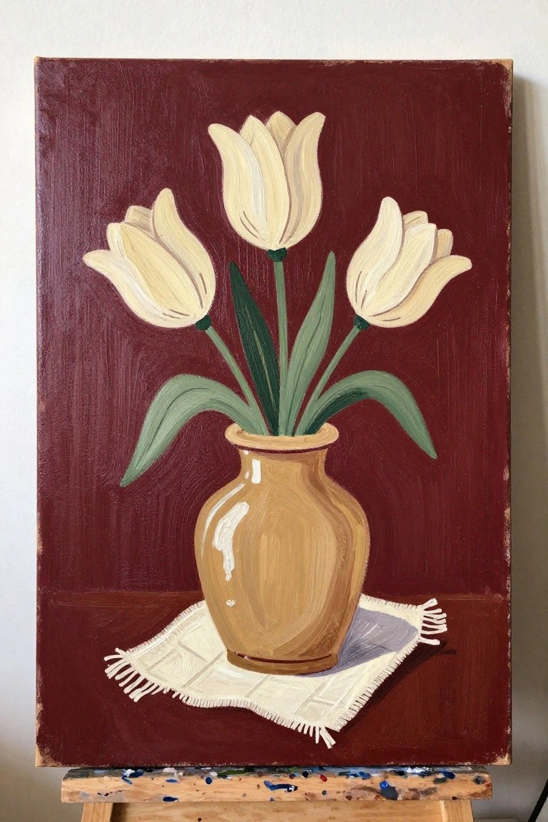 White tulips in a tan vase on fringed cloth against dark red background on easel