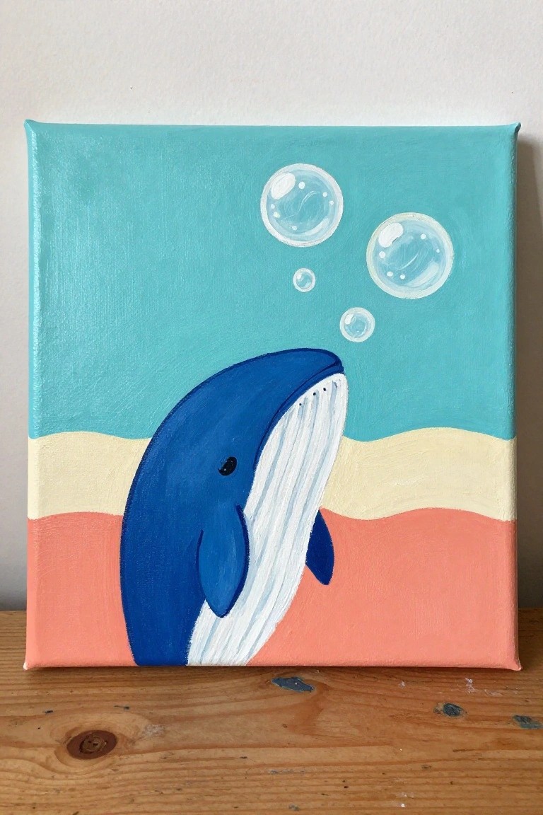 Blue whale with white belly blowing bubbles over wavy cream coral stripes