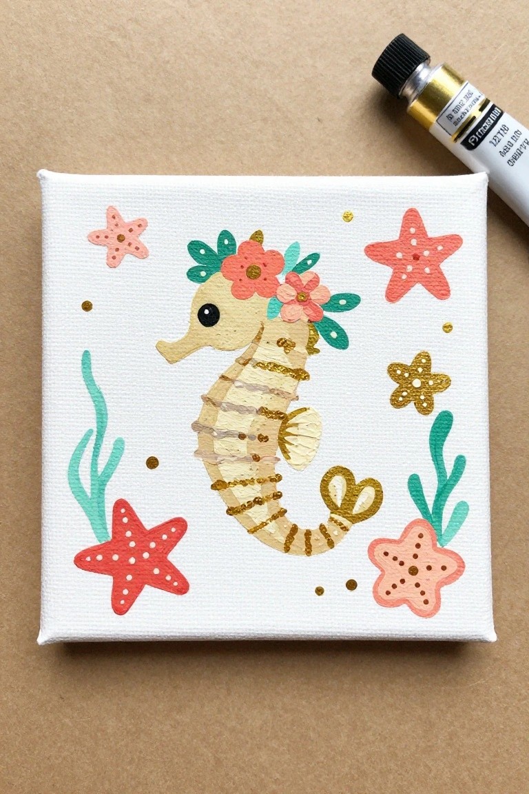 Cute seahorse painting on white canvas with flowers, starfish, seaweed, and paint tube