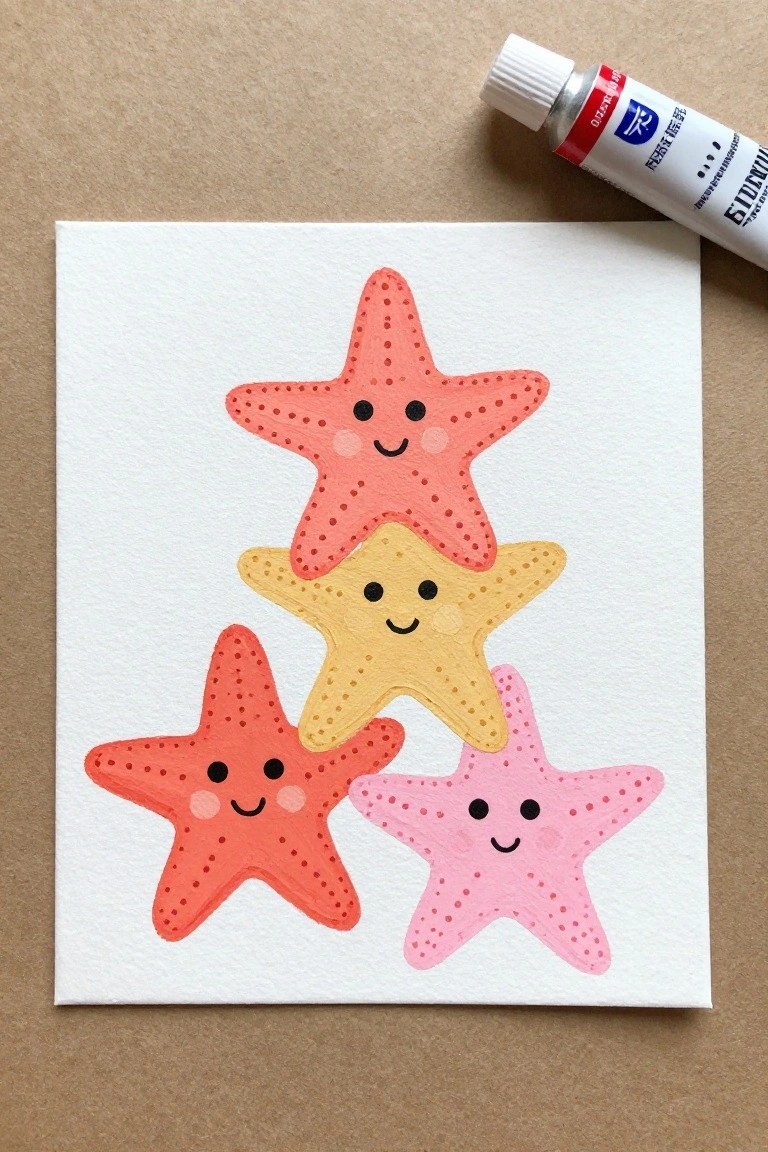 Four cartoon starfish in red, yellow, and pink with smiling faces painted on a white canvas next to a tube of paint.