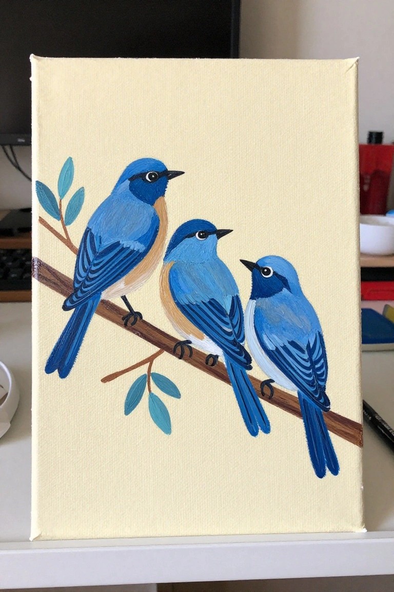 Three blue birds with tan chests perched on a branch with teal leaves