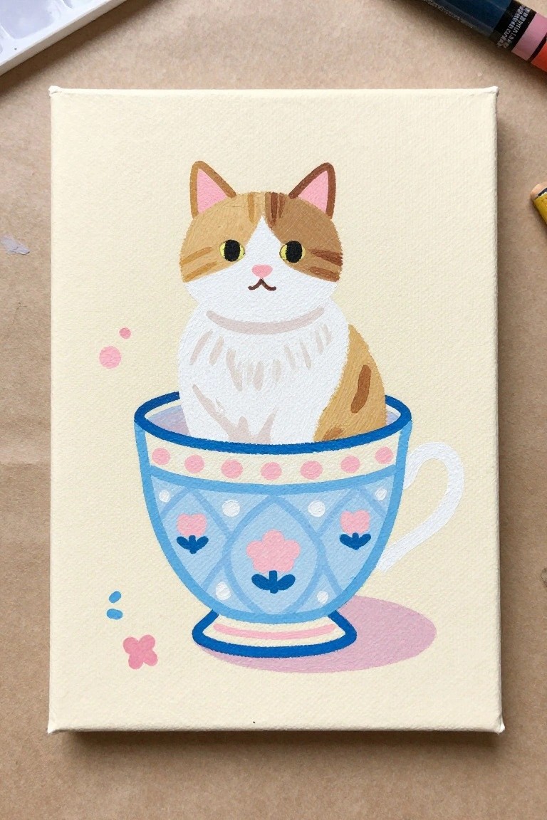 Cute orange and white cat sitting inside a blue patterned teacup with pink accents