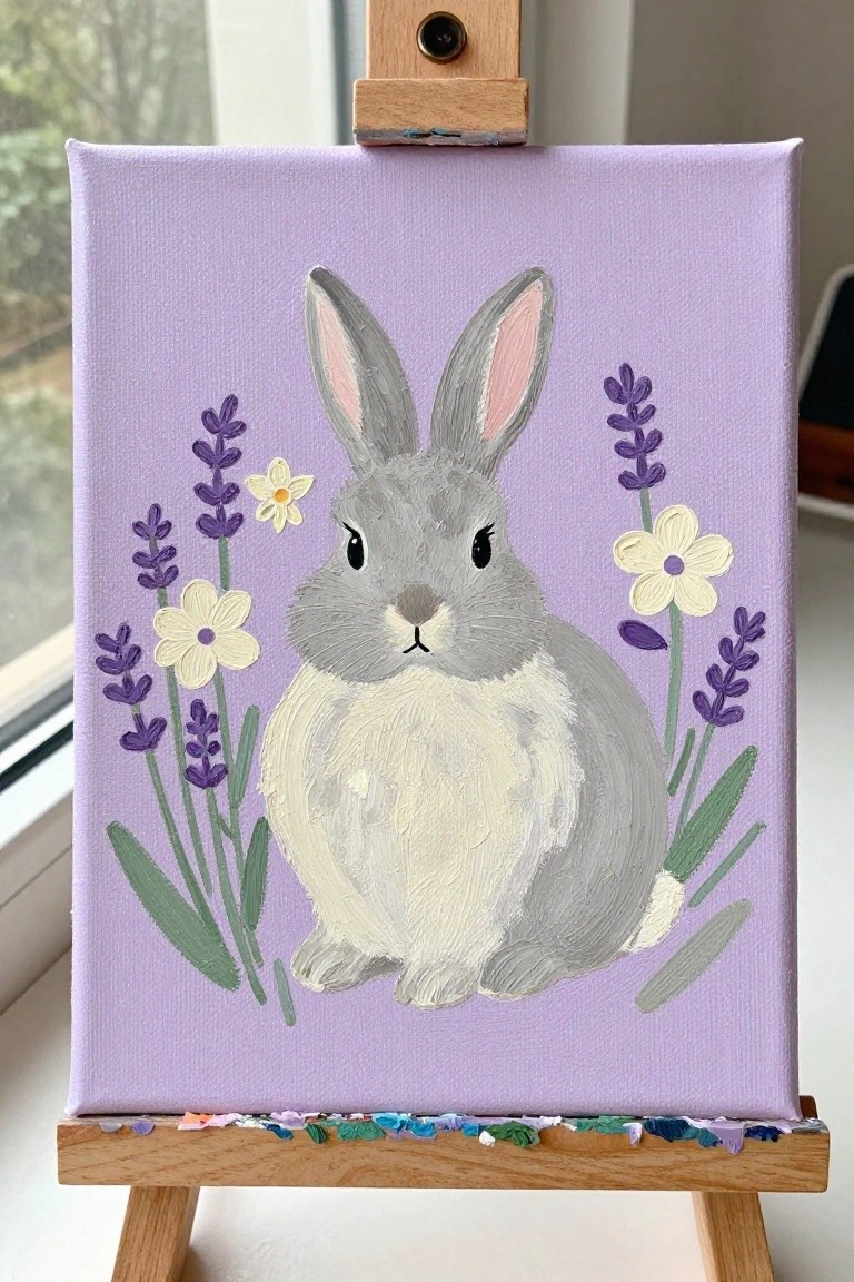 Gray rabbit painting with lavender flowers on purple canvas on wooden easel