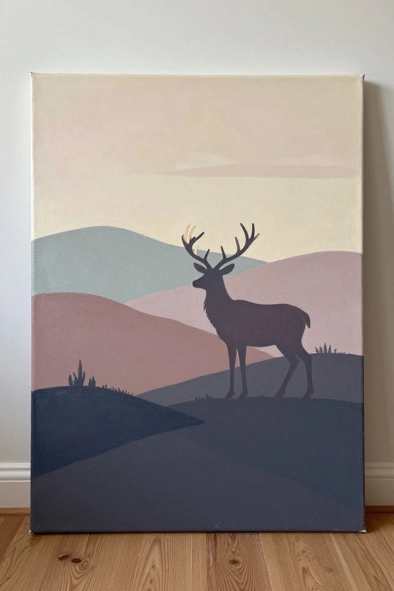Silhouetted deer with antlers on layered pastel hills in minimalist painting