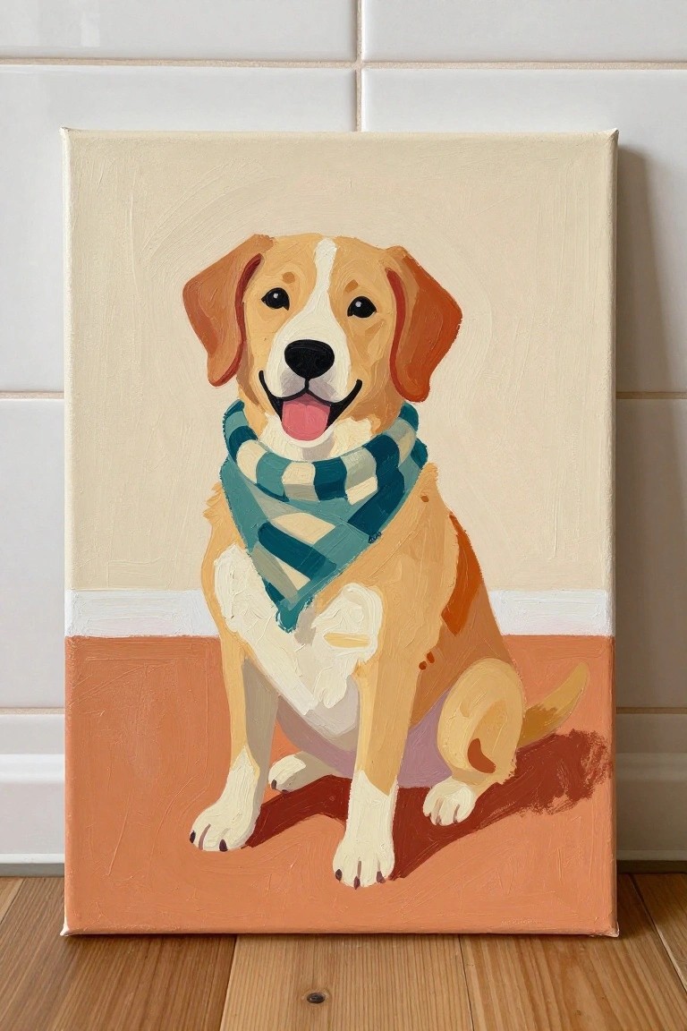 Painting of tan dog in blue plaid scarf sitting on orange floor.