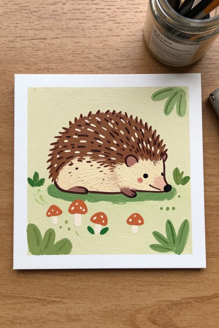Textured painting of brown hedgehog on grass amid orange mushrooms and green leaves on pale background