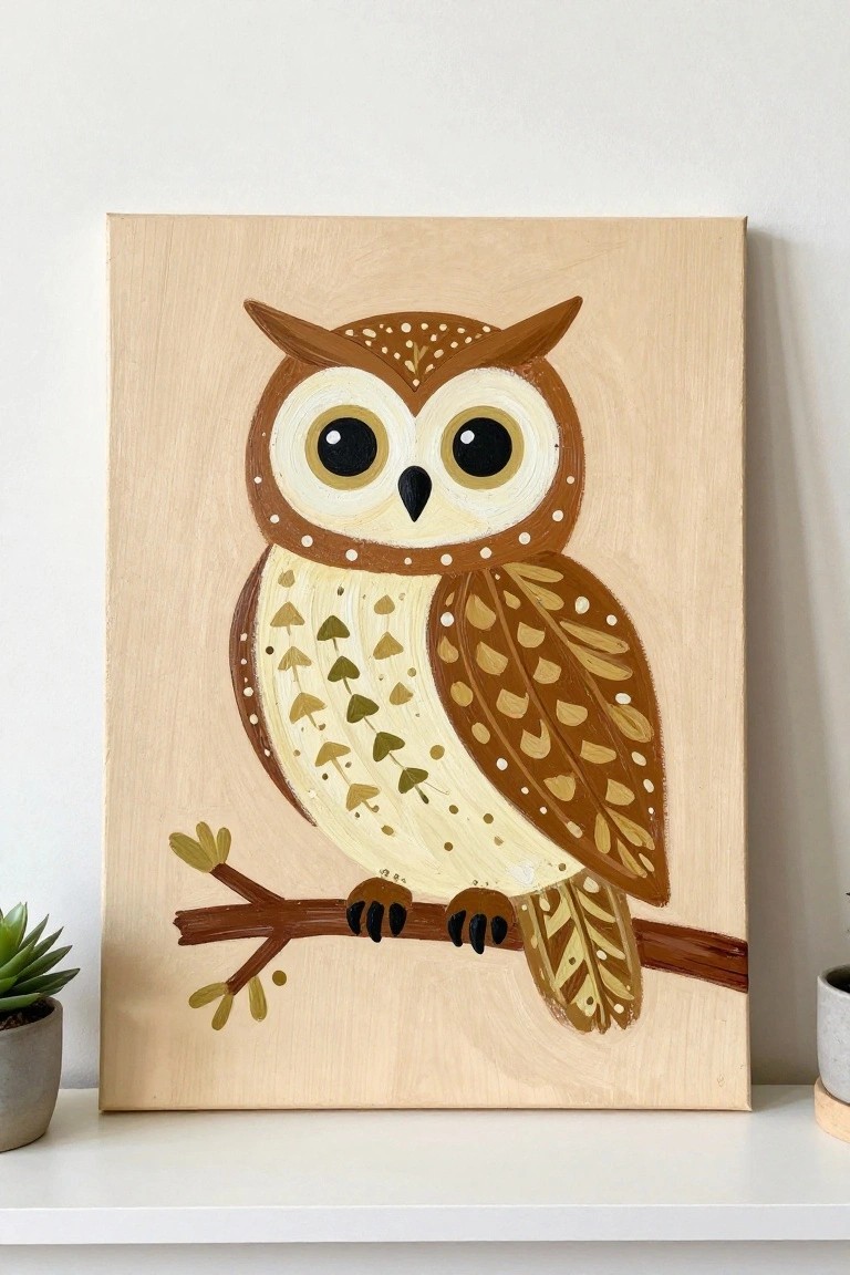 Stylized brown and cream owl with big eyes perched on branch on wood panel