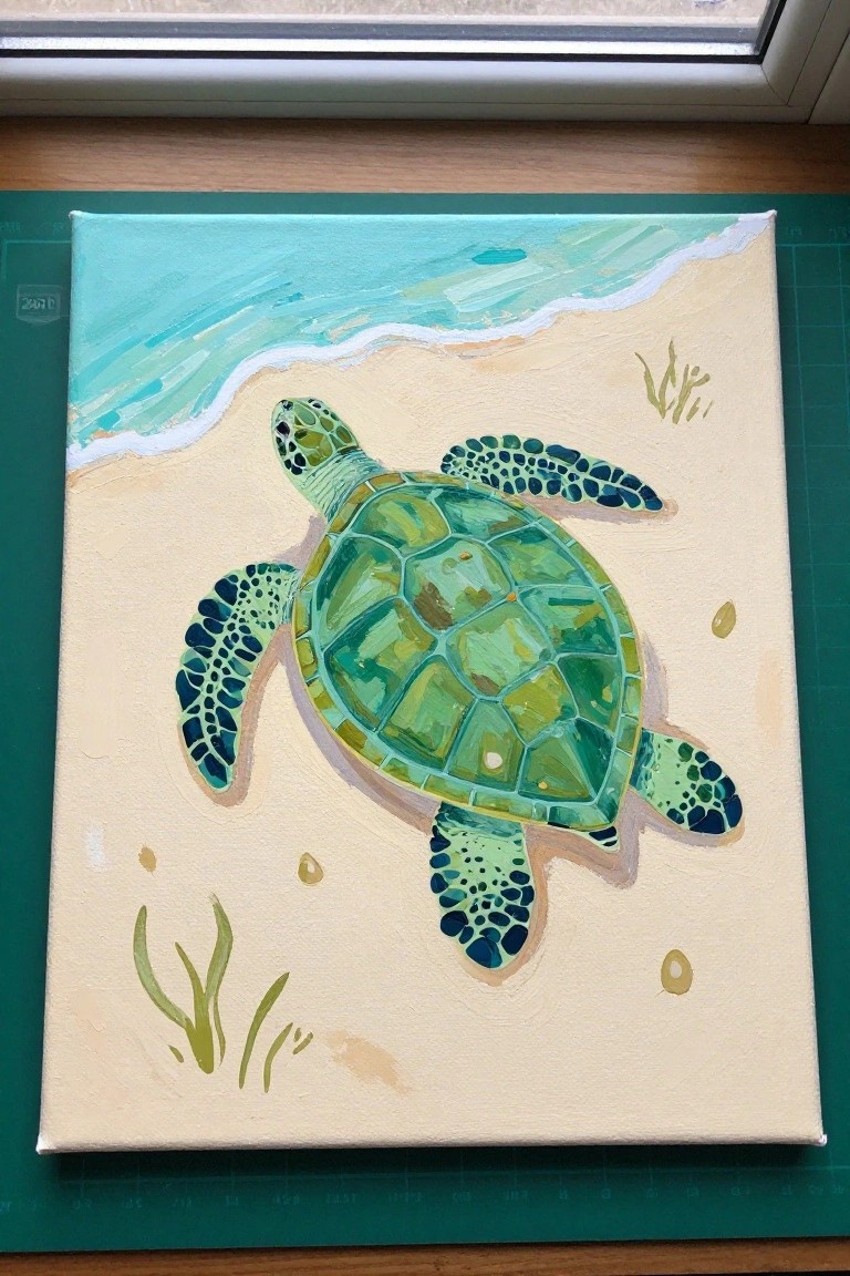 Green sea turtle painting on sandy beach with turquoise waves and sea grass
